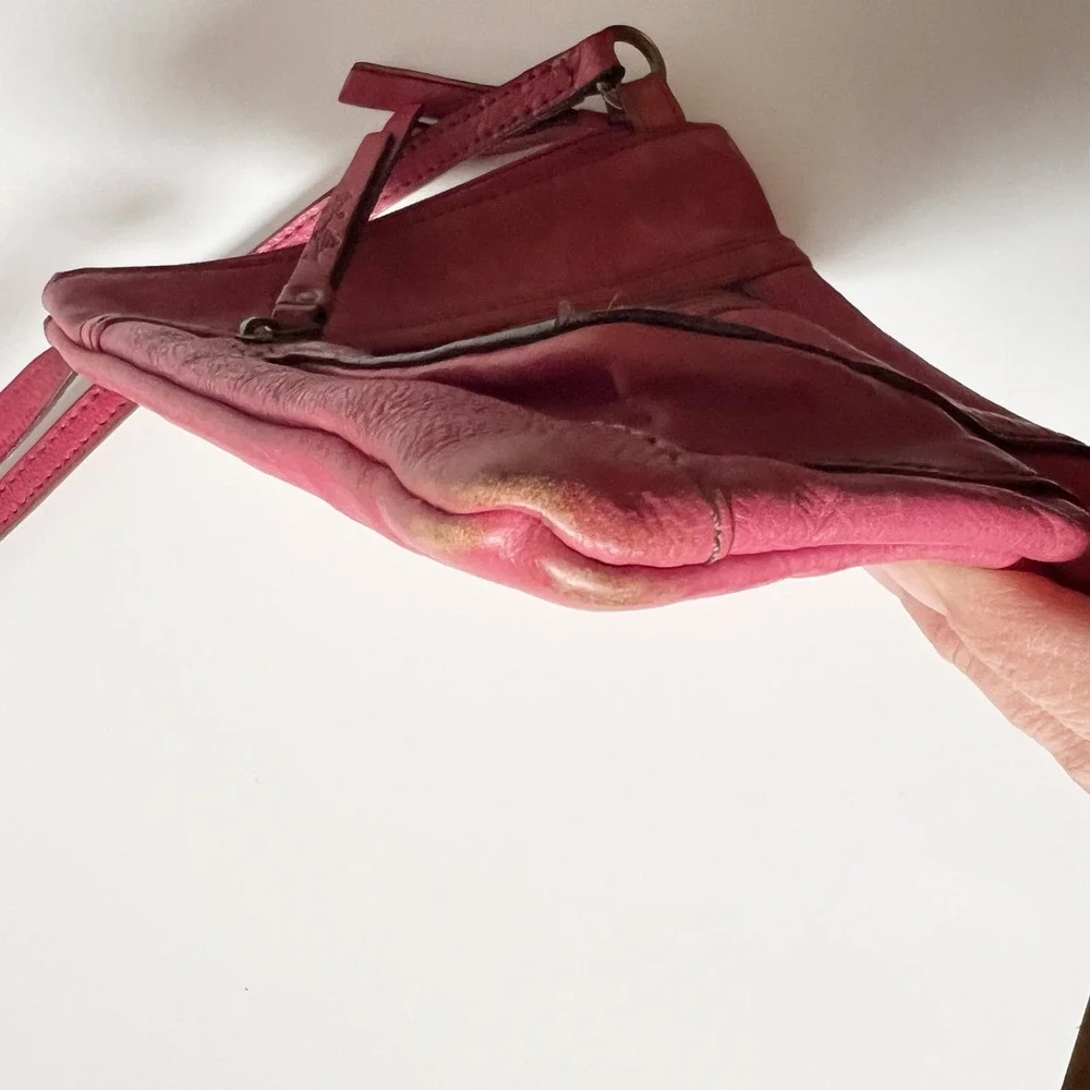 Fossil Crossbody Bag Small Pink Leather Floral Embossed Zip Pocket Adjustable